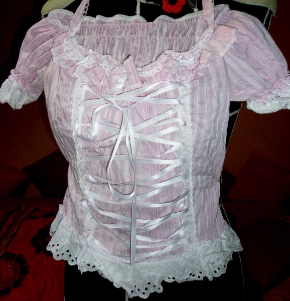 Carmenbluse Lochstickerei rosa weiss *Hippie* Puffärmel