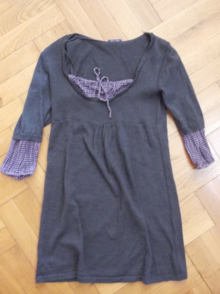 Longshirt / Shirtkleid, S 38 grau, Einsatz Bluse, violett-weiß kariert, Pimkie