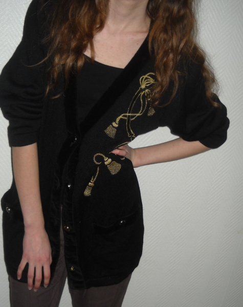 Vintage Cardigan Strickjacke Applikation Krone Gürtel Bommel 34 36 38 XS S M Oversized Blogger Rar