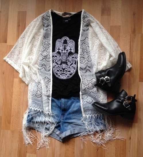 Kimono Jacke Spitze weiß Fransen Crochet Lace Häkel Hippie Cardigan