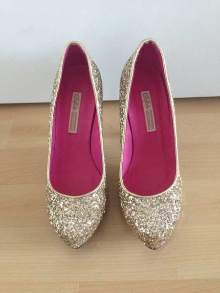 Buffalo London Luxus Party Pumps Gold Glitter 39 Glitzer High Heels Pink schick edel festlich Neu