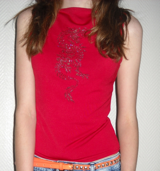 Sexy Trägertop Drache Longtop Party Shirt rot silber Top 34 36 38 XS S M Edel Blogger Vintage