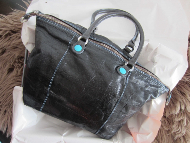 GABS Handtasche Lacktasche Ledertasche schwarz türkis