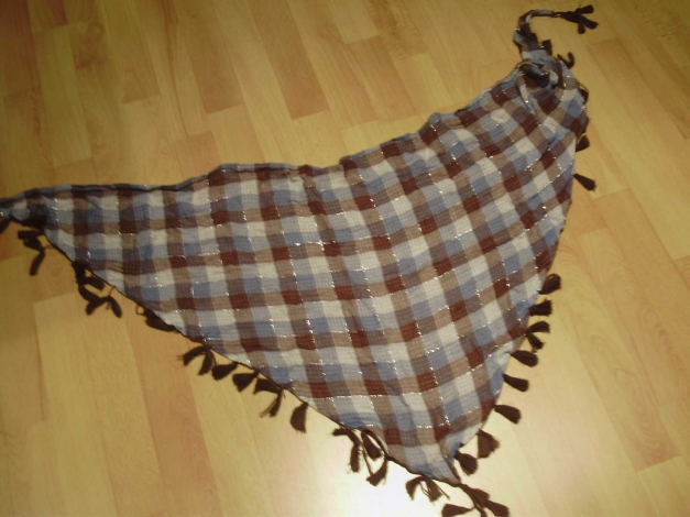 Tuch Dreieckstuch blau/ braun/ beige Silberfäden Quasten beidseitig tragbar