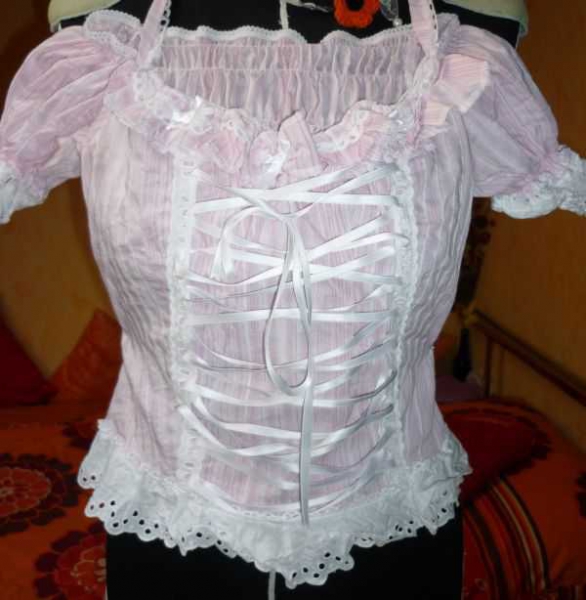 Carmenbluse Lochstickerei rosa weiss *Hippie* Puffärmel