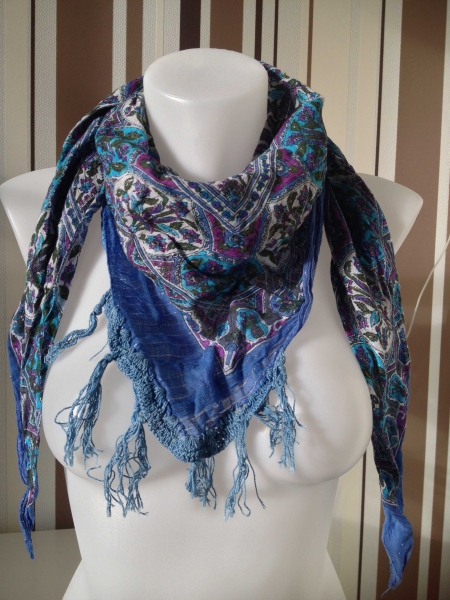 Tuch Dreieckstuch Blau - Lila - Weiß - Silberfäden