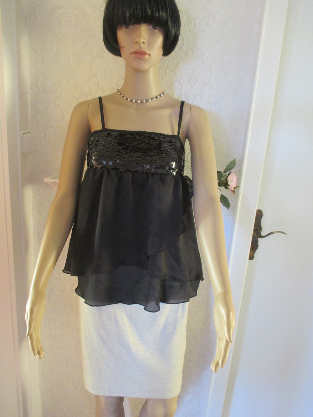 NEU Glitzer Pailetten Seiden Chiffon Spaghetti Baby Doll Blusen Träger Top 