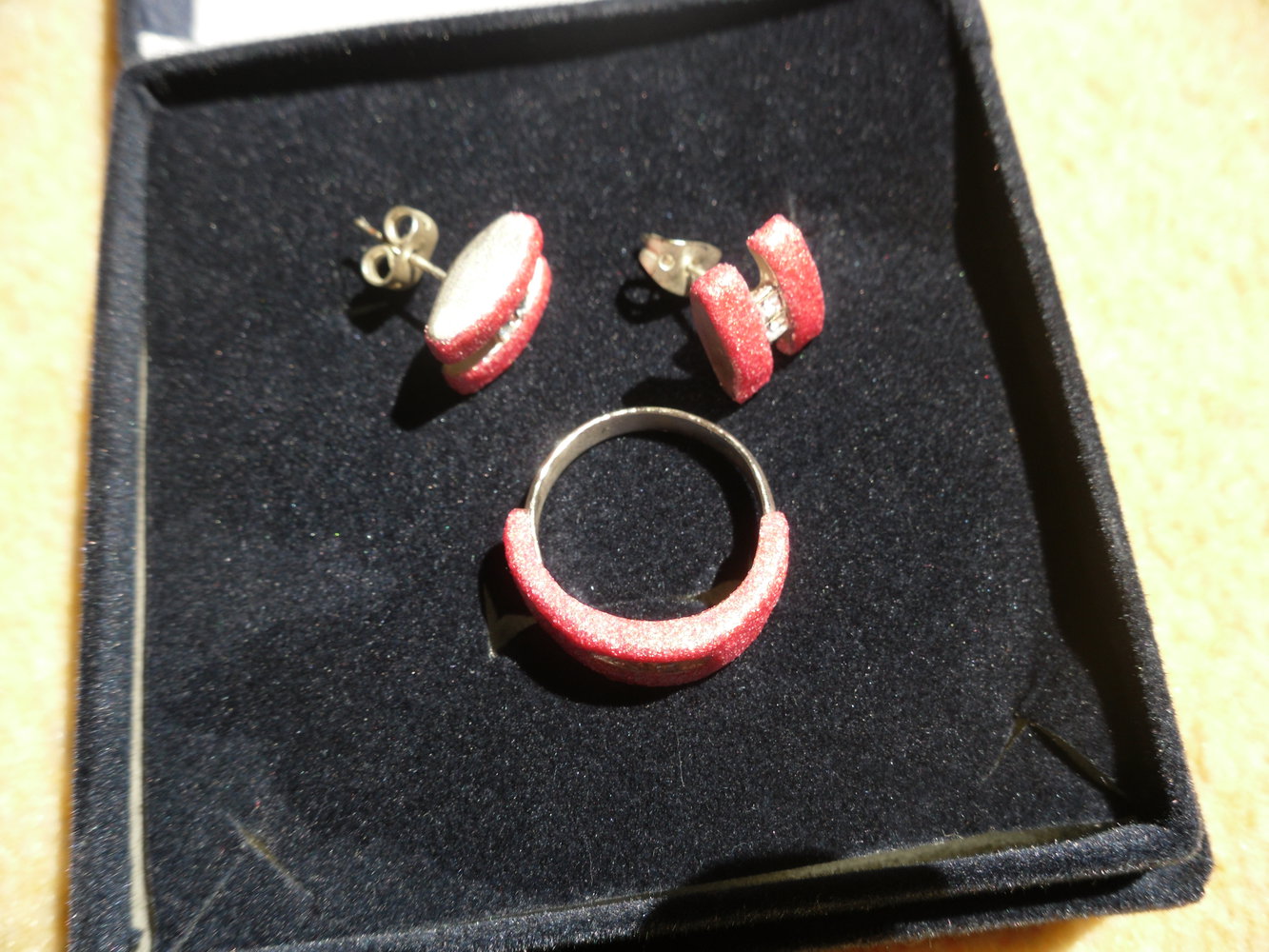 Schmuckset Ohrstecker Ring rosa-gold glitzernd