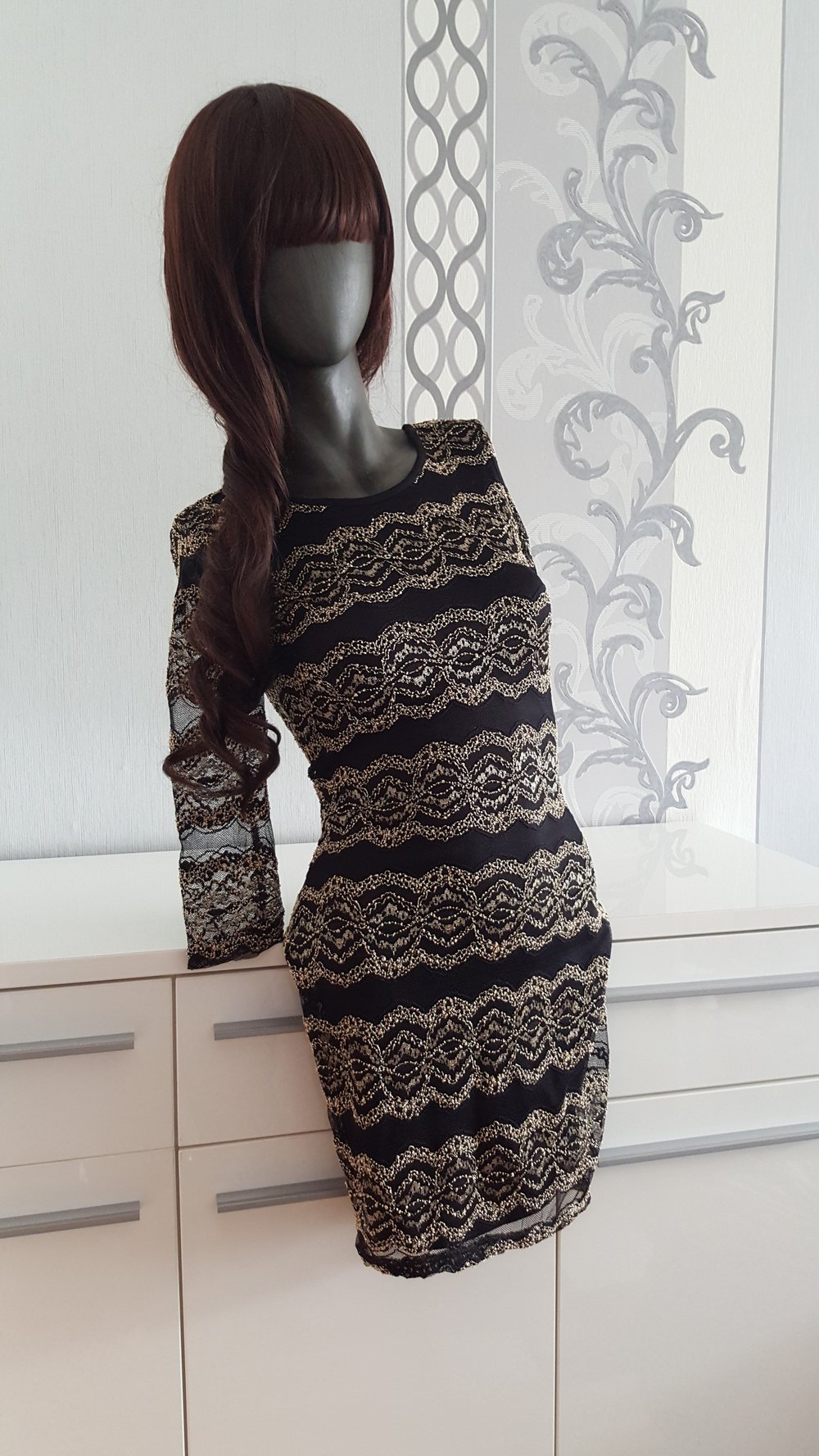 Tolles gold schwarzes Kleid Long Shirt 36 S dehnbar Neu