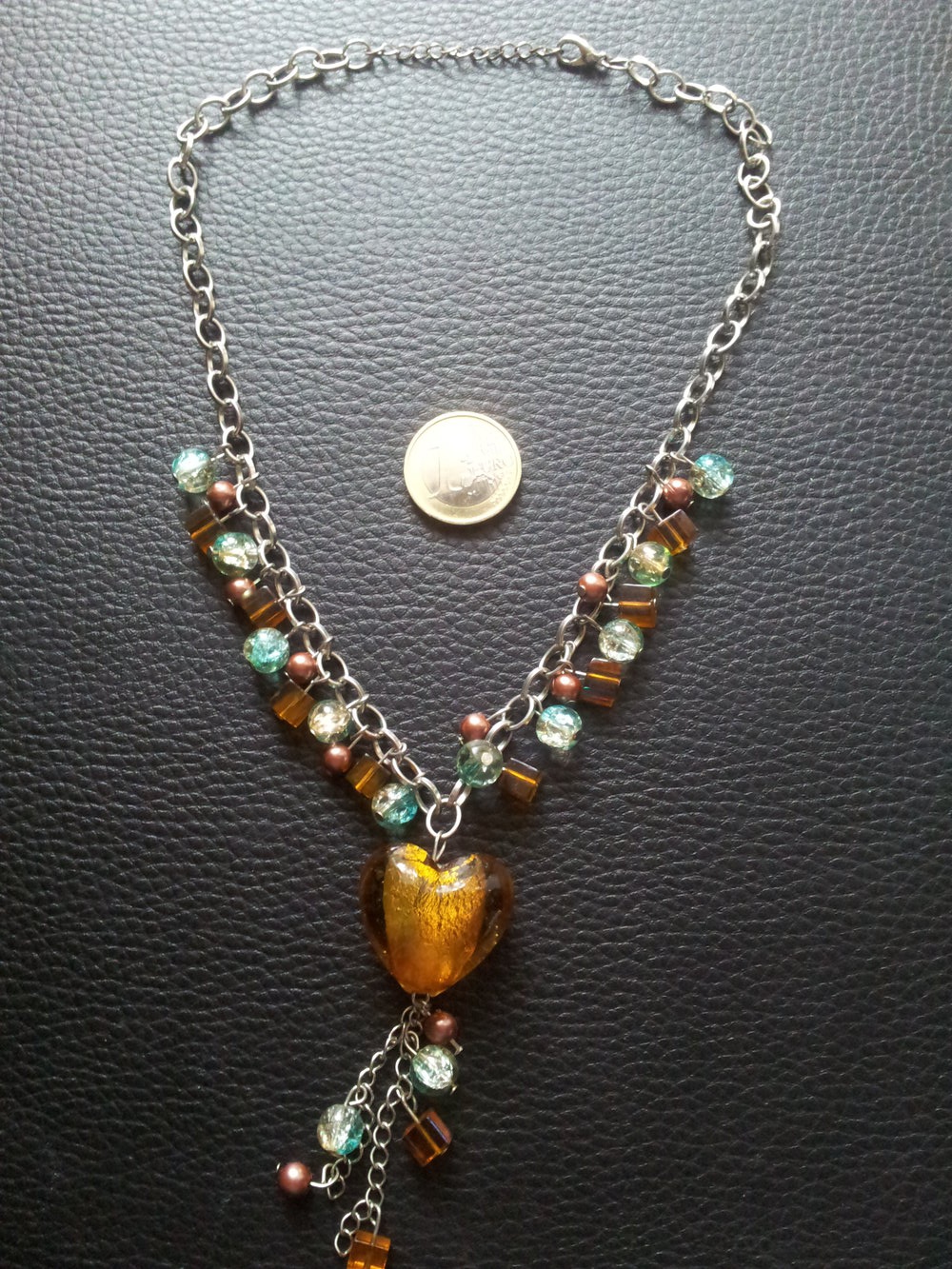 Modeschmuck Kette Herz Würfel silber braun türkis Perlen