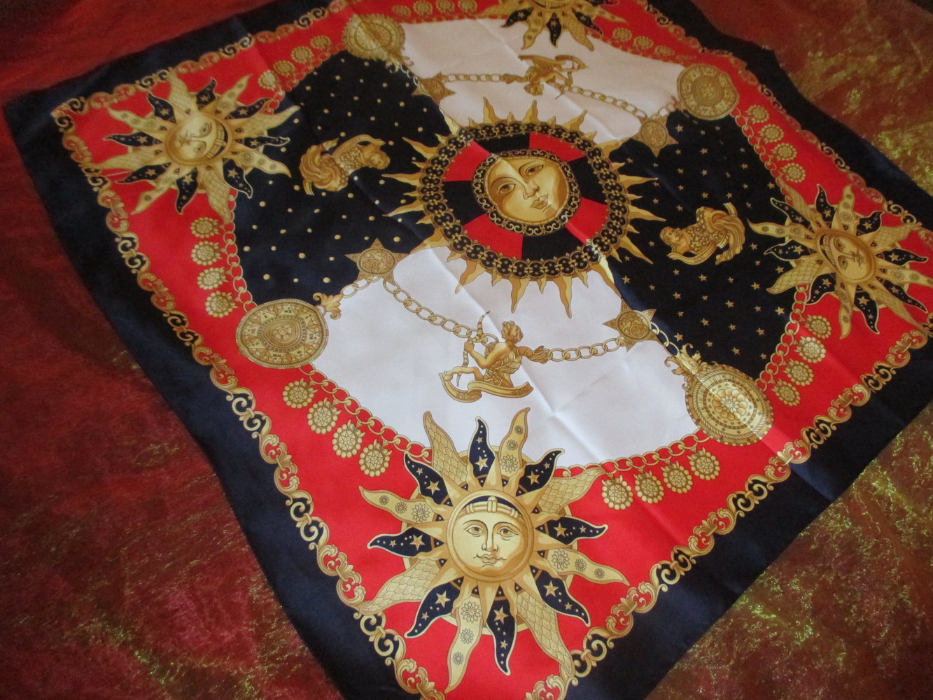 NEU Seiden Satin Sonnnen Sterne Ketten Blüten Engel- Print XXL TUCH * SCHAL blau- weiß- rot gelb- gold