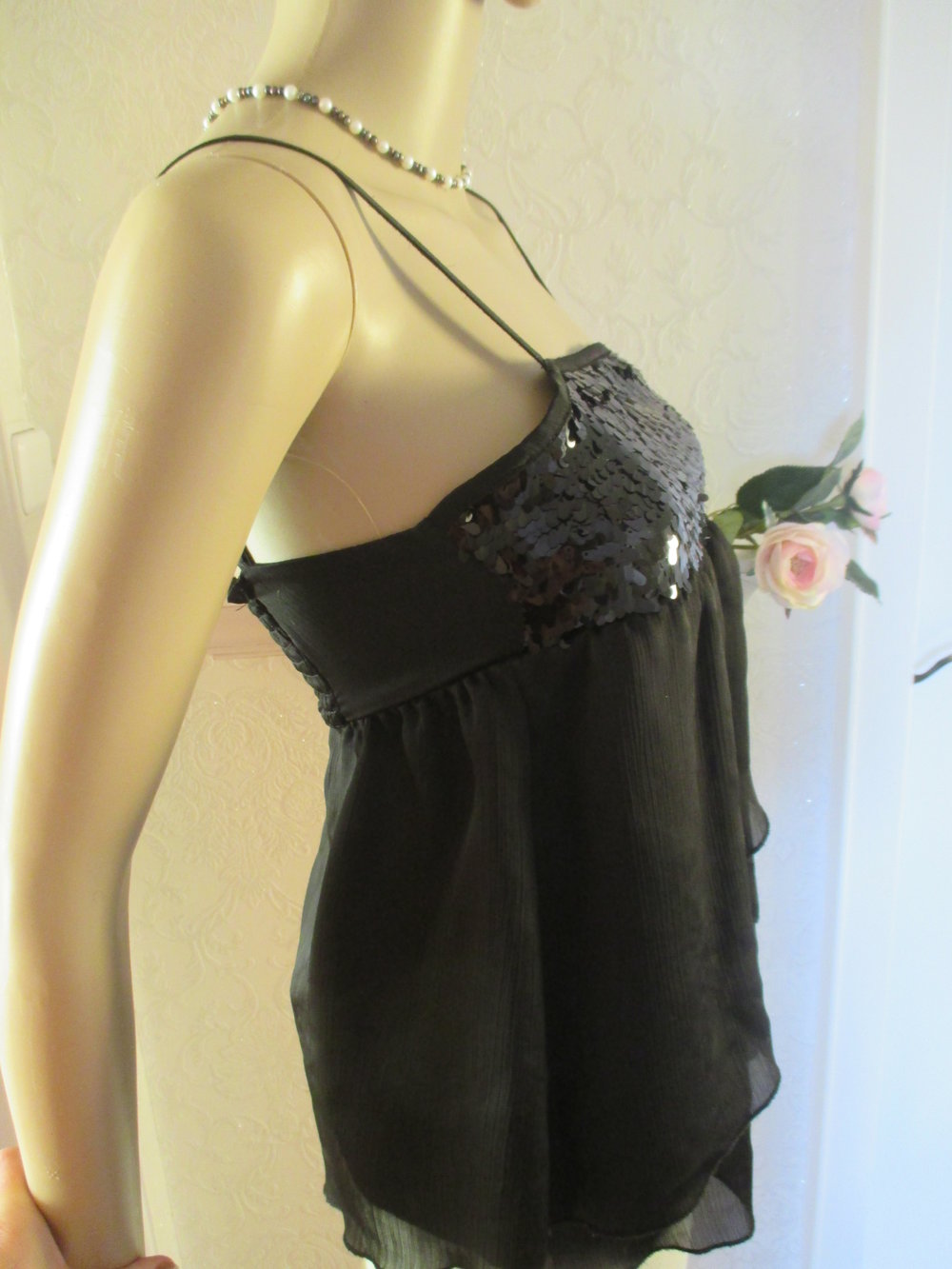 NEU Glitzer Pailetten Seiden Chiffon Spaghetti Baby Doll Blusen Träger Top 