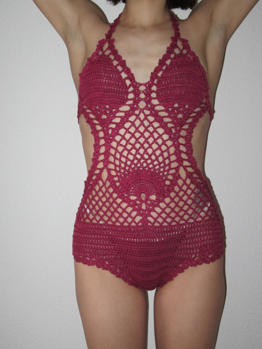 Crochet Häkel Monokini, heißer Badeanzug, sexy Swimwear S 36 Weinrot