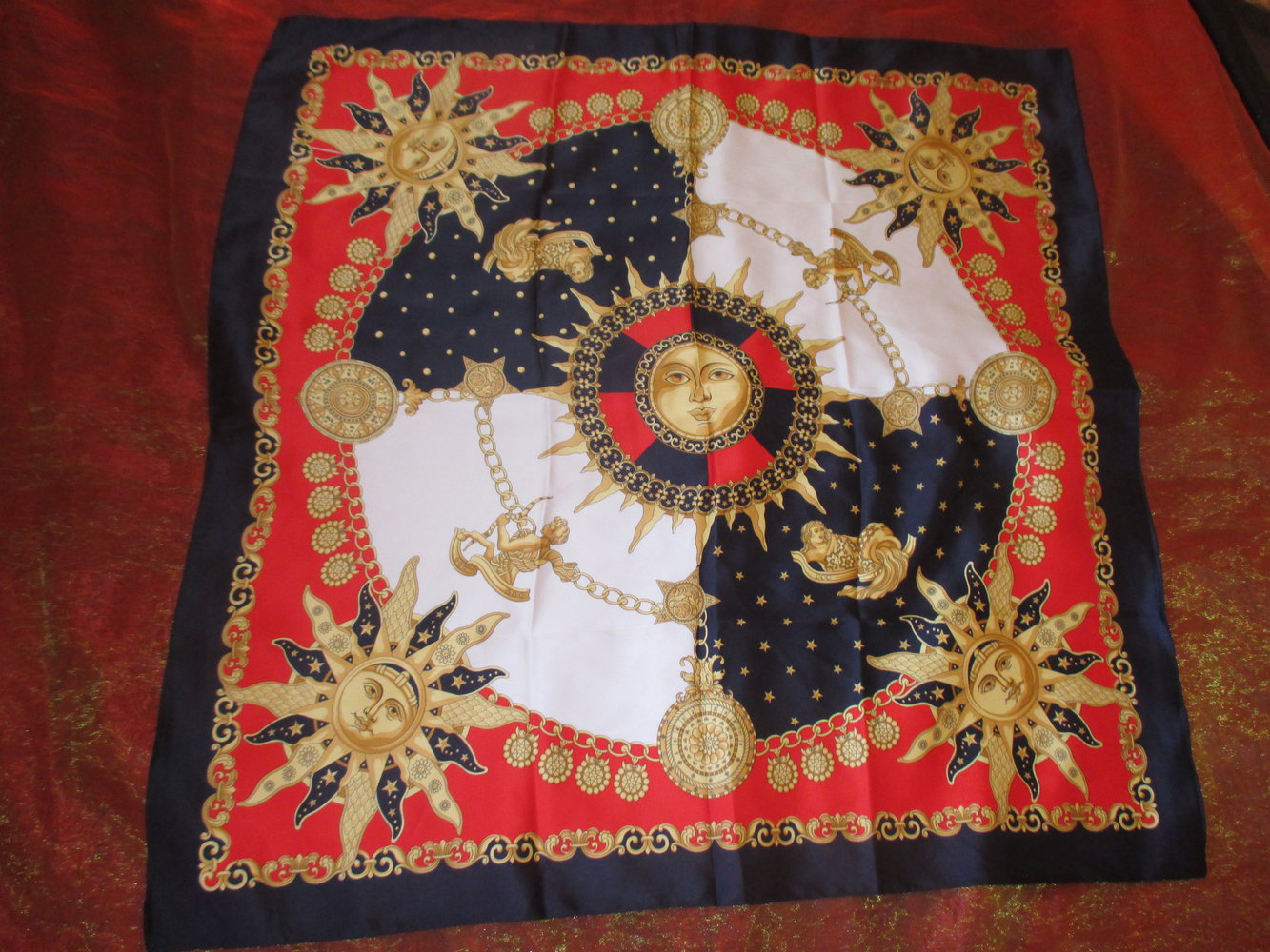 NEU Seiden Satin Sonnnen Sterne Ketten Blüten Engel- Print XXL TUCH * SCHAL blau- weiß- rot gelb- gold