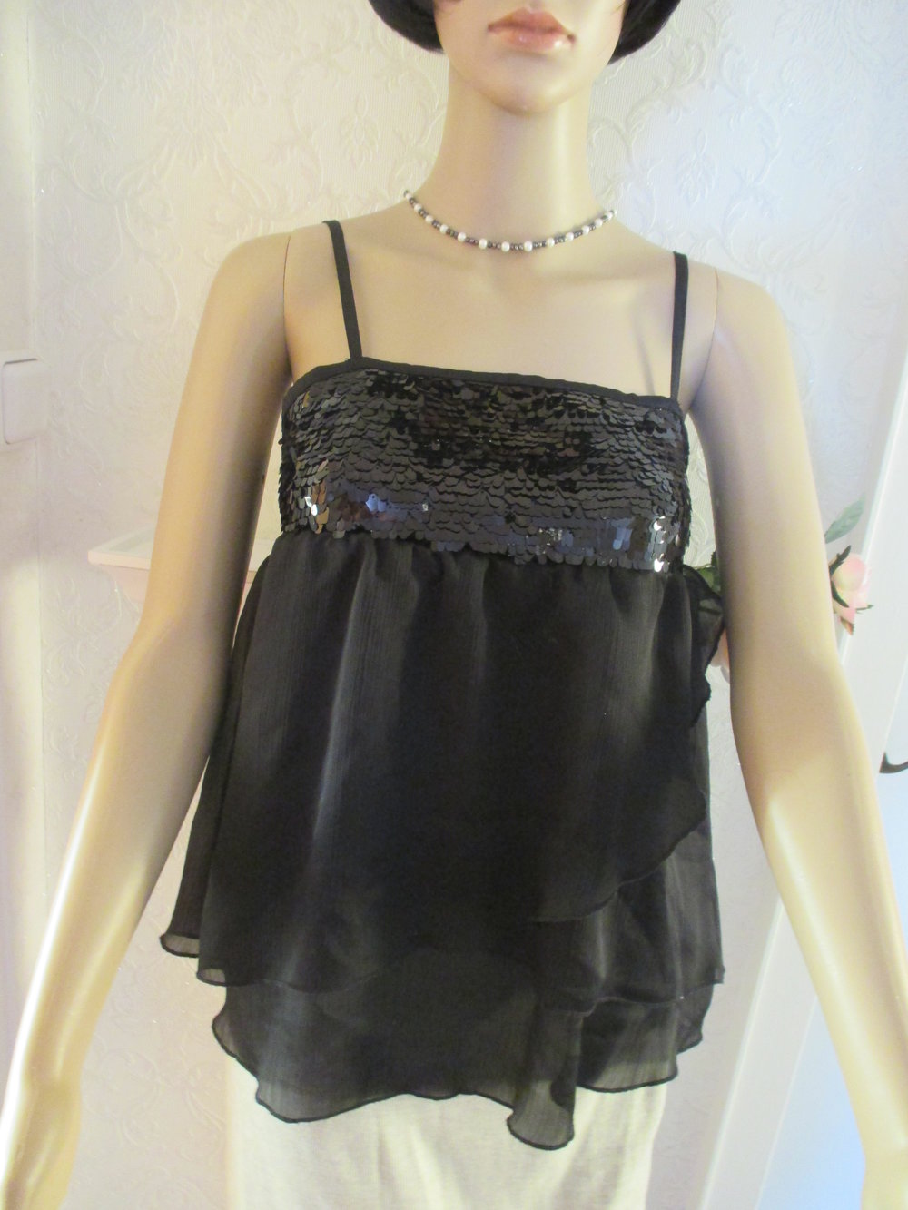 NEU Glitzer Pailetten Seiden Chiffon Spaghetti Baby Doll Blusen Träger Top 