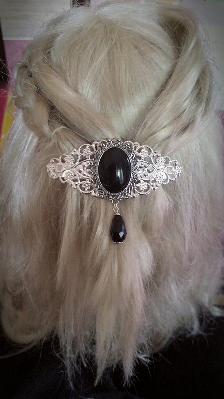 Haarspange Gothic Silberfarben Gothik schwarz Perle Ornament Barock Jugendstil 