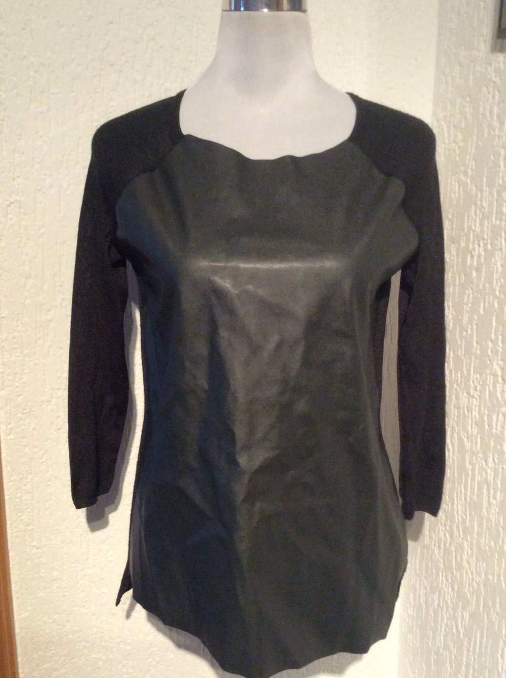 Zara Knit Pulli Pullover Größe S Kunstleder Feinstrick schwarz Khaki 