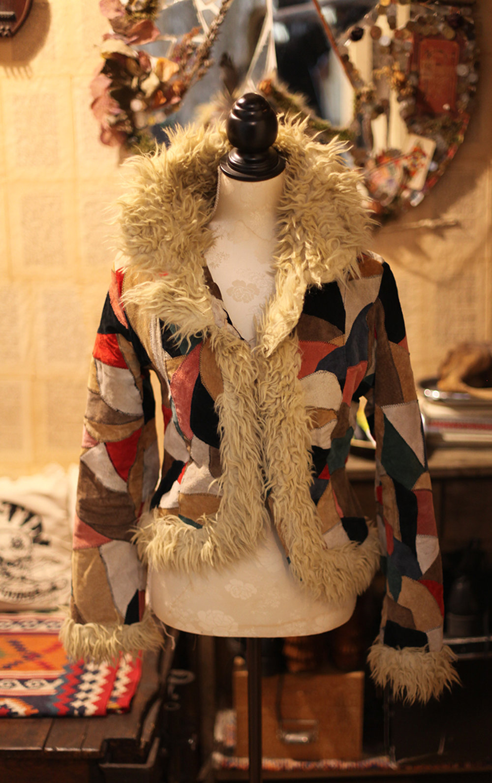 Patchwork Jacke Fell Fake fur Hippie Festival 70er Vintage Wildleder Leder RAR