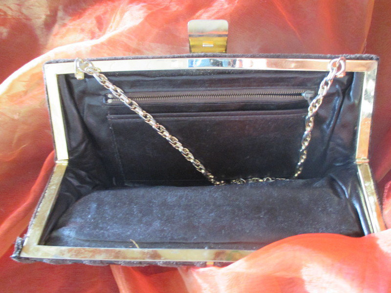 Original VINTAGE * Kroko * Velours- Leder * Clutch * Tasche mit Goldkette * schoko- dunkel- braun *