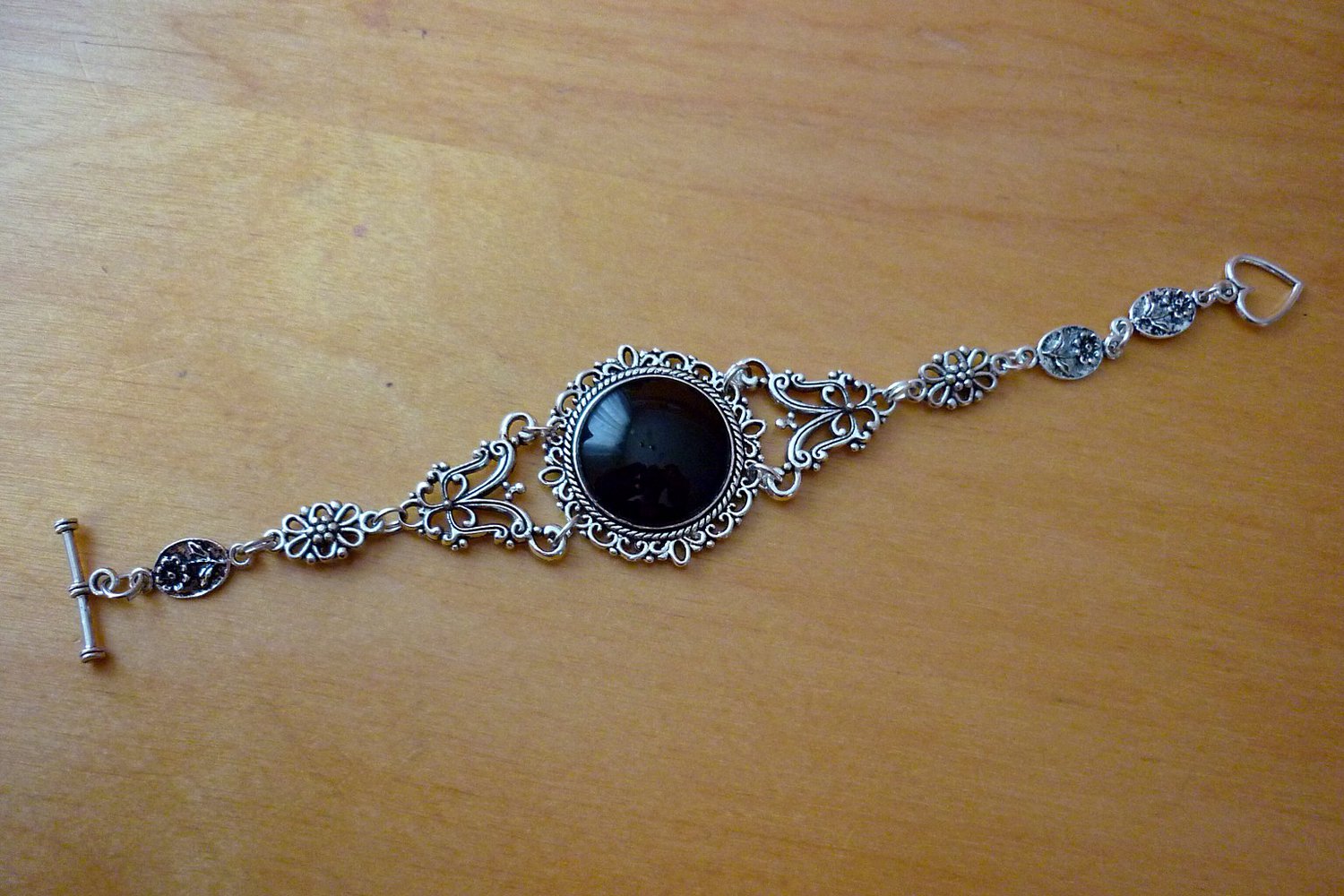 Armband Gothic Gotik schwarz silberfarben Ornament Blumen Muster Emo Punk