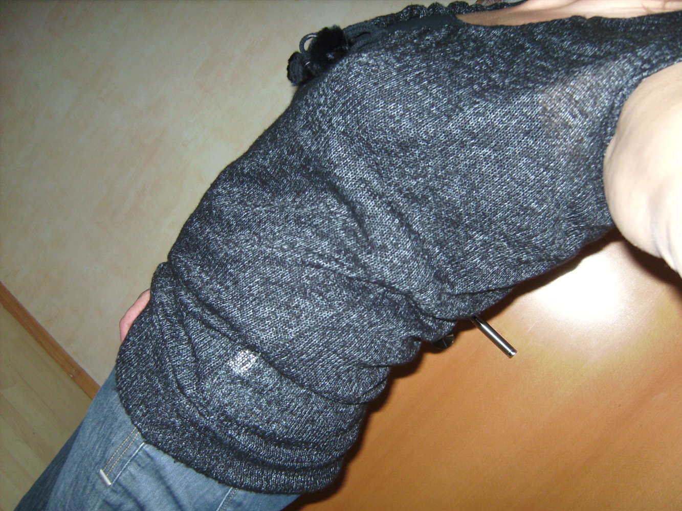 Baumwolle, Strick mit Kordelzug, L, Off Shoulder, Kurzarm, Oberteil wandelbar Naturfaser Feinstrick Anthrazit, Pullunder Tunnelzug verstellbar