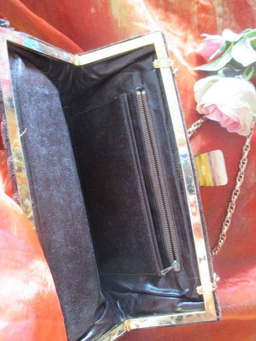 Original VINTAGE * Kroko * Velours- Leder * Clutch * Tasche mit Goldkette * schoko- dunkel- braun *