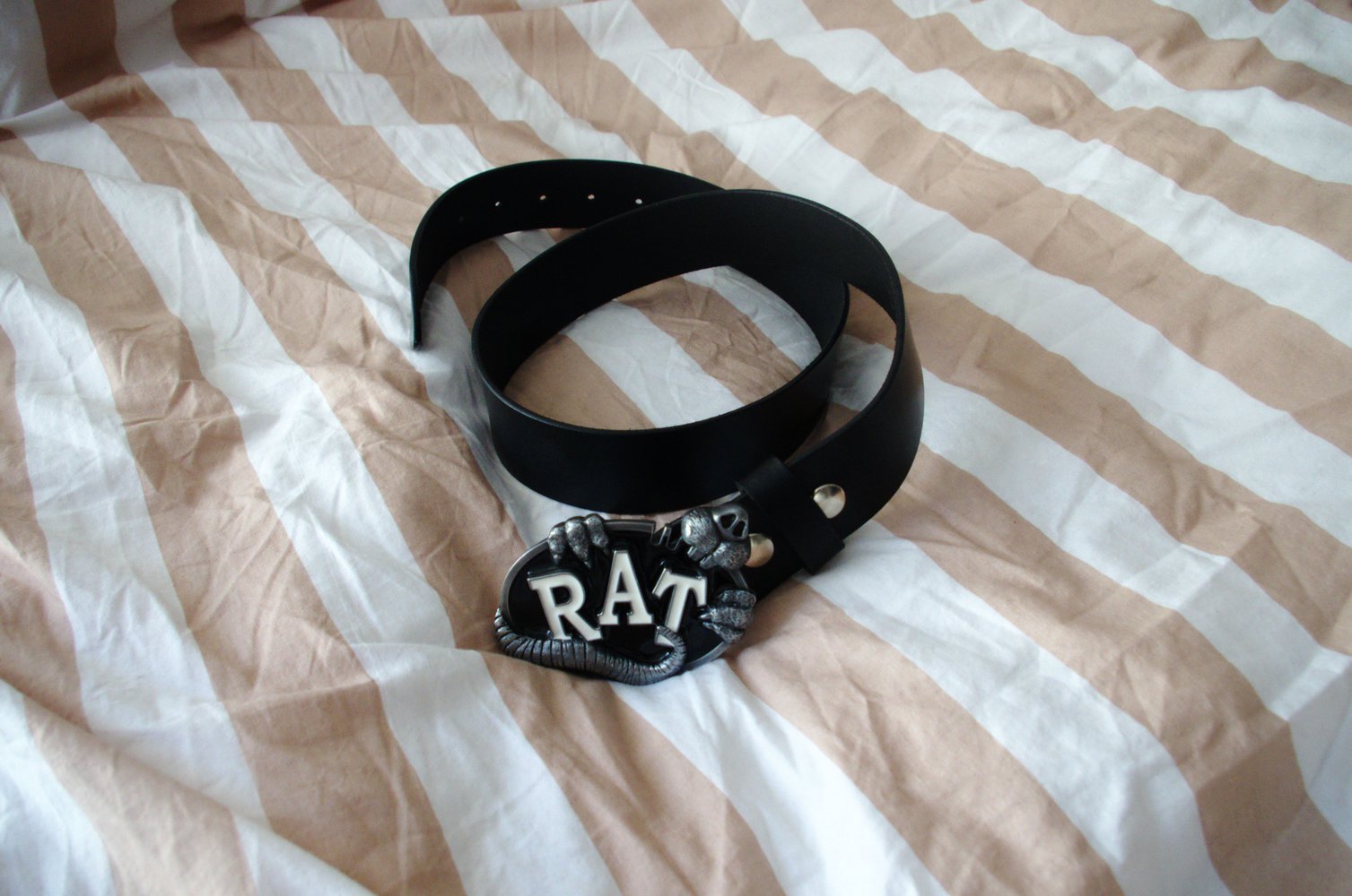 Schwarzer Gürtel große Schnalle Echtleder RAT Ratte Schriftzug