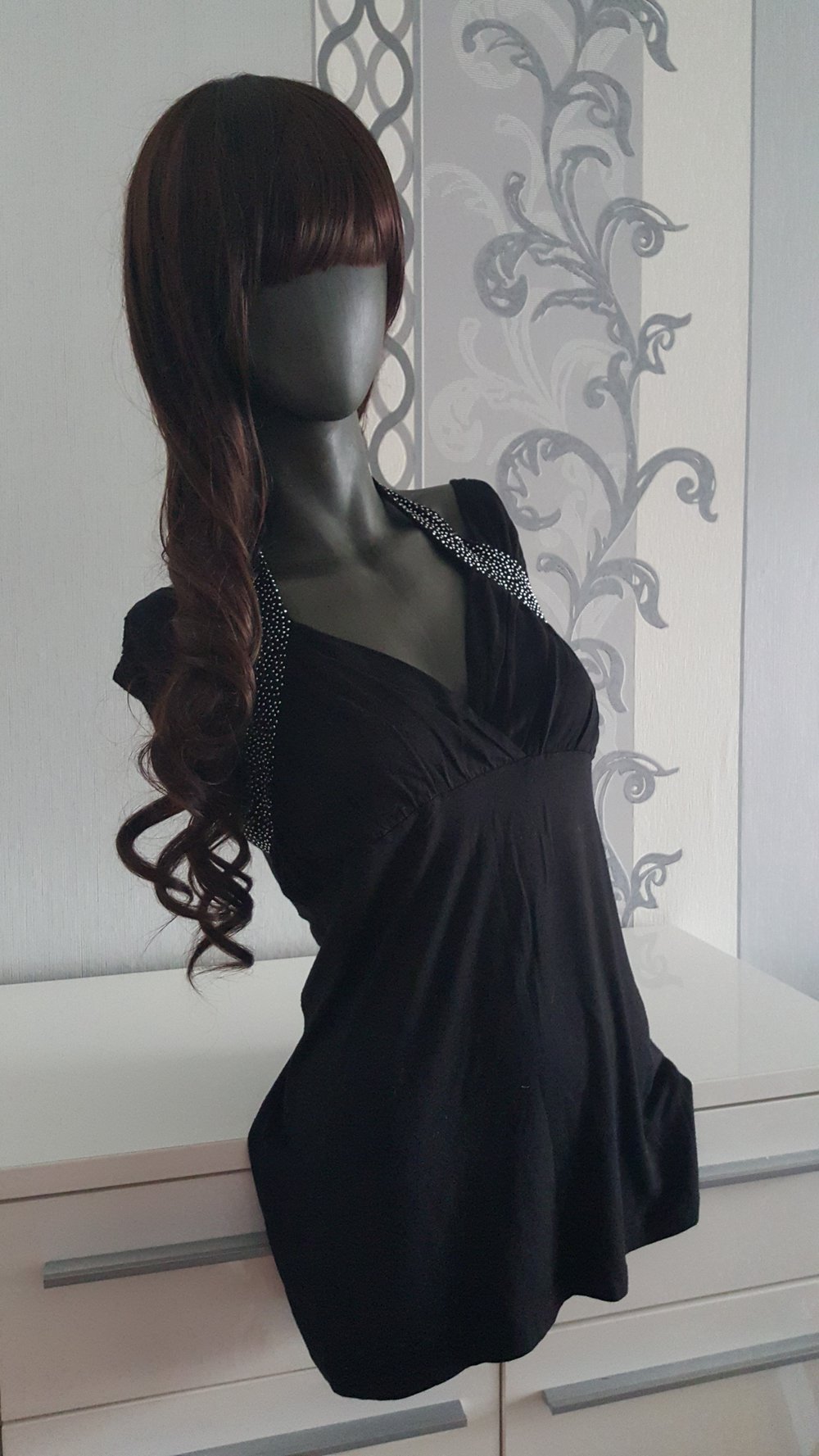 Elegantes schwarzes Oberteil mit Steinen Strass 40 38 L M evtl. XL 42 da dehnbar