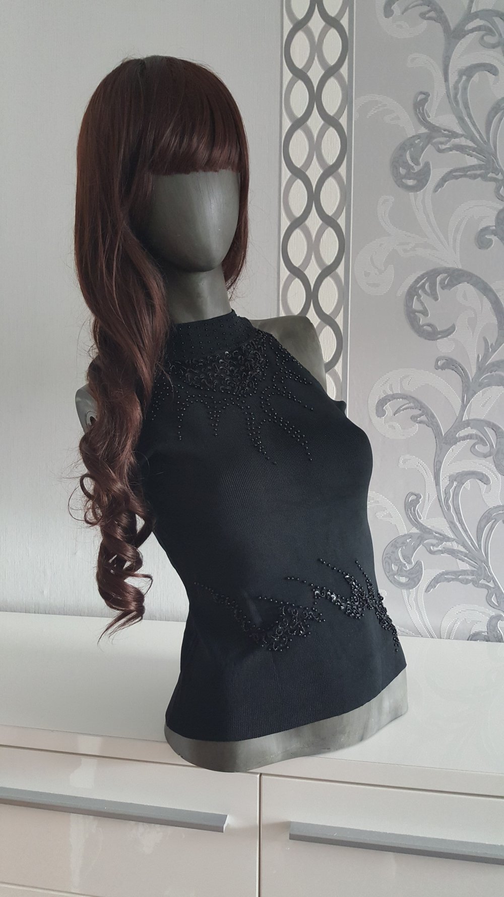 Schwarzes Top Bluse mit Pailletten Gothic S M 36 38