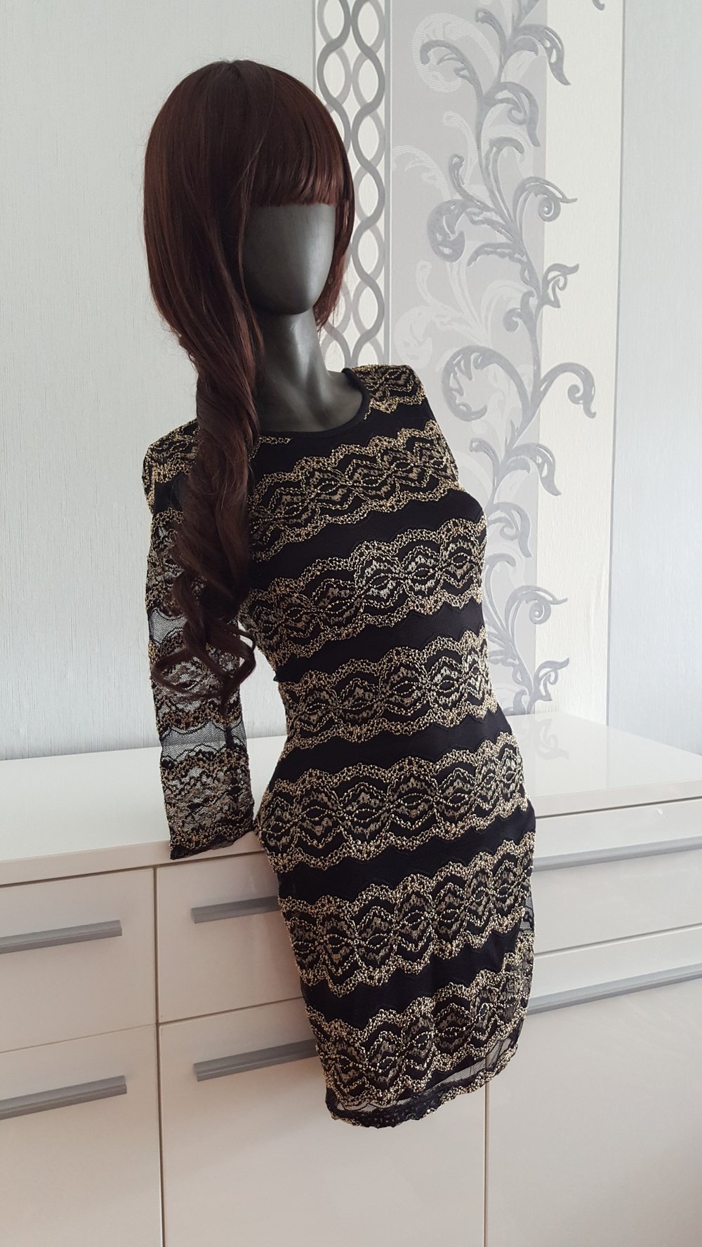 Tolles gold schwarzes Kleid Long Shirt 36 S dehnbar Neu