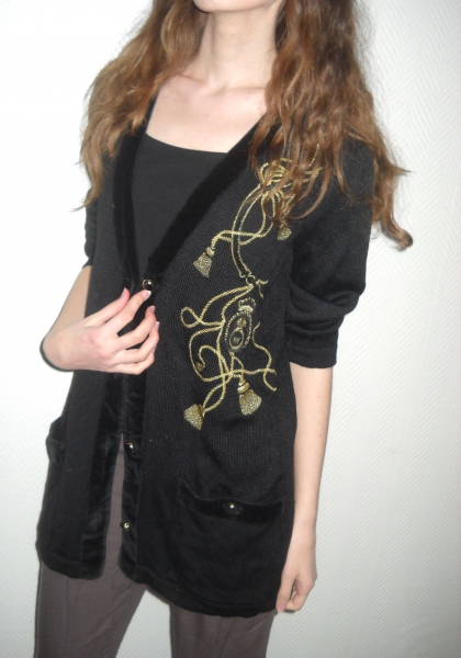 Vintage Cardigan Strickjacke Applikation Krone Gürtel Bommel 34 36 38 XS S M Oversized Blogger Rar