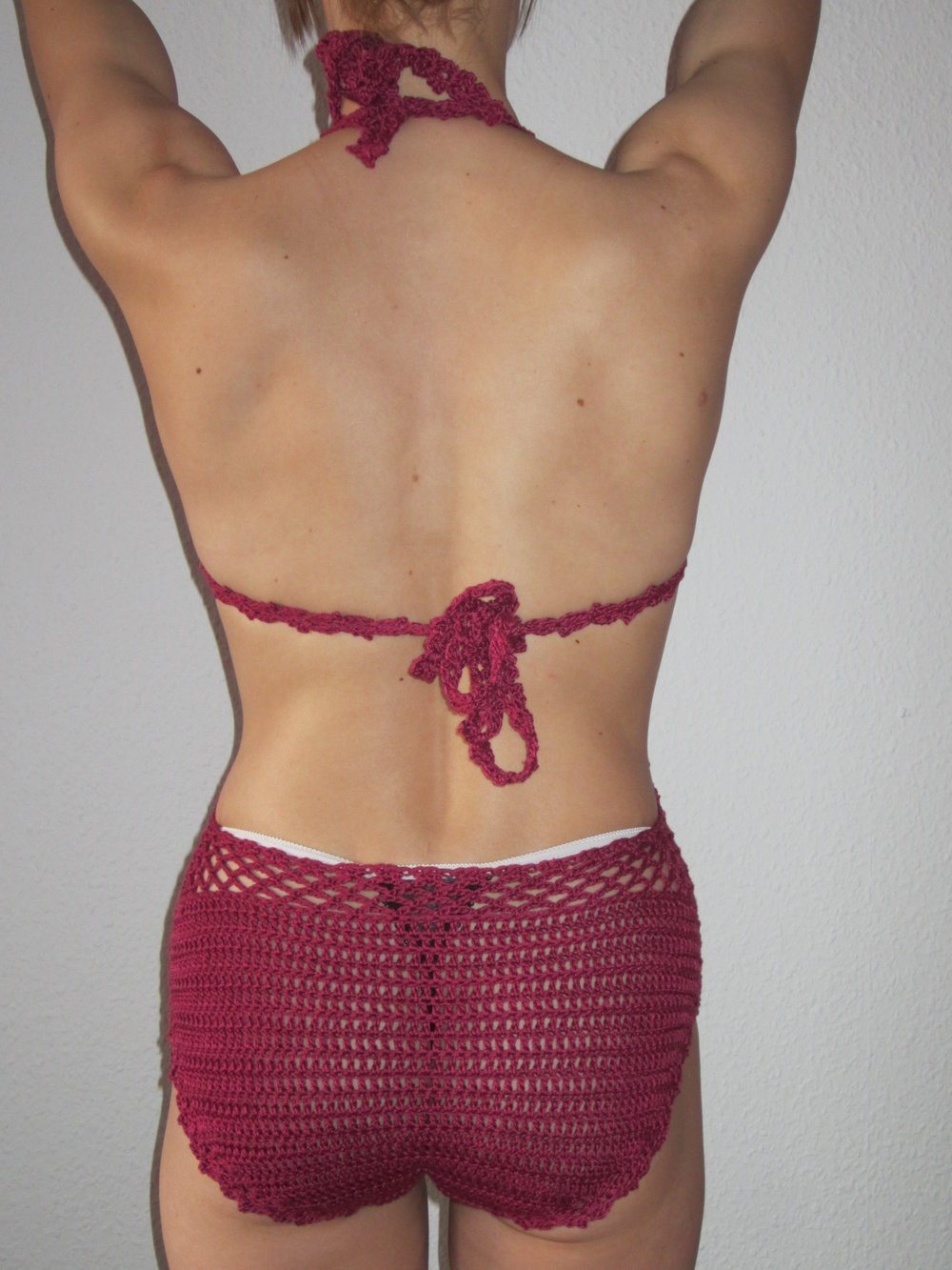 Crochet Häkel Monokini, heißer Badeanzug, sexy Swimwear S 36 Weinrot