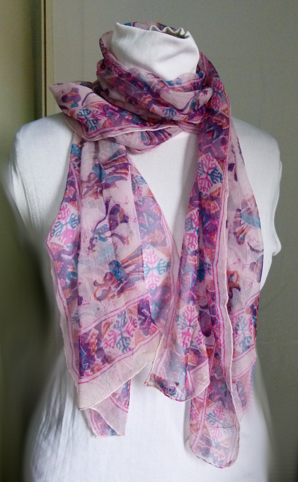 Seiden Schal Tuch aus Indien, sehr lang, pink lila türkis, aus den 70ern, Boho Goa Festival Hippie 70s Retro Vintage Lagenlook