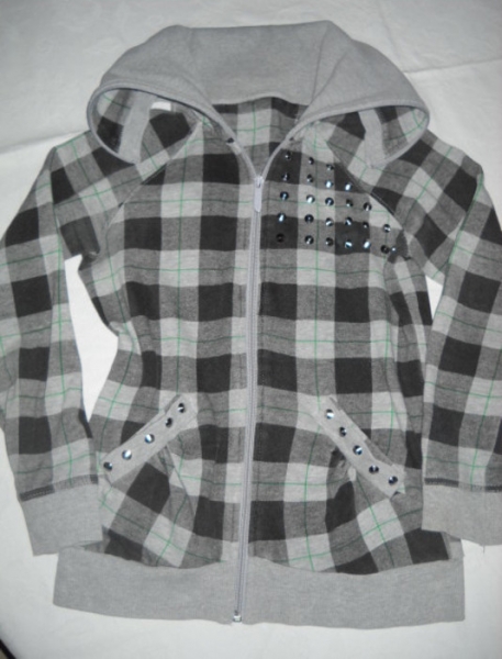 Cardigan grau kariert Karo Stachelnieten Nieten silber Schalkragen Strickjacke Jacke Studs 32 34 XXS XS S M