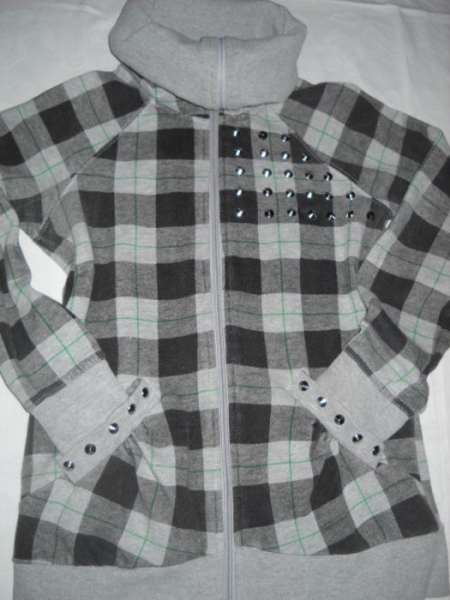 Cardigan grau kariert Karo Stachelnieten Nieten silber Schalkragen Strickjacke Jacke Studs 32 34 XXS XS S M