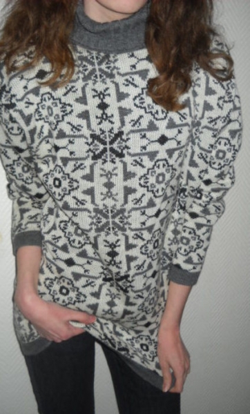 Norweger Ethno Aztek Strick Long Pullover Pulli Rolli Rollkragen creme grau 34 36 38 XS S M Blogger