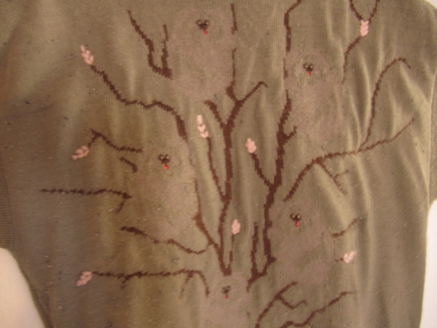 Vintage Eulen Pullover Oversized Stickerei Wolle Gr. M beige braun Blogger