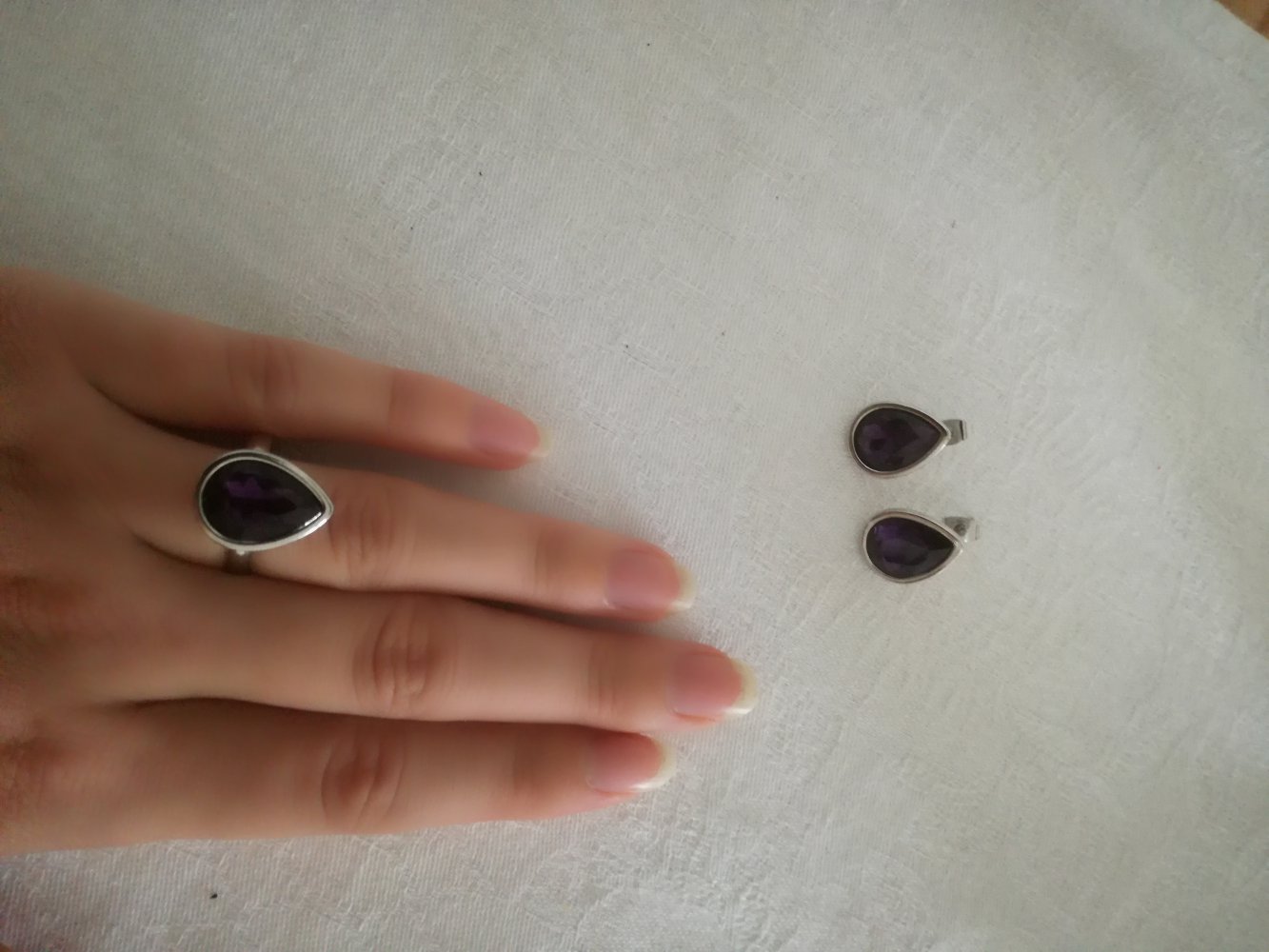 Schmuckset silber Ohrringe und Ring mit lila Stein