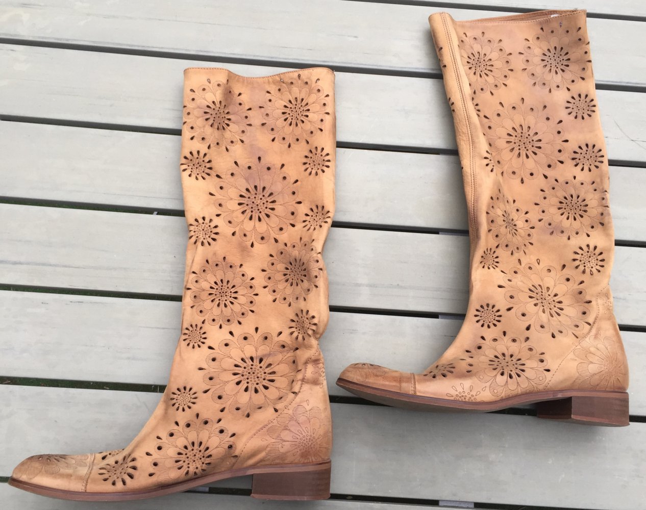 SOMMERSTIEFEL Slouch LEDER natur BLUMEN Cut Outs Gr. 40