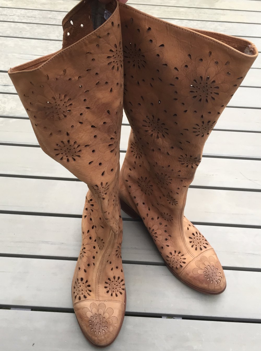 SOMMERSTIEFEL Slouch LEDER natur BLUMEN Cut Outs Gr. 40