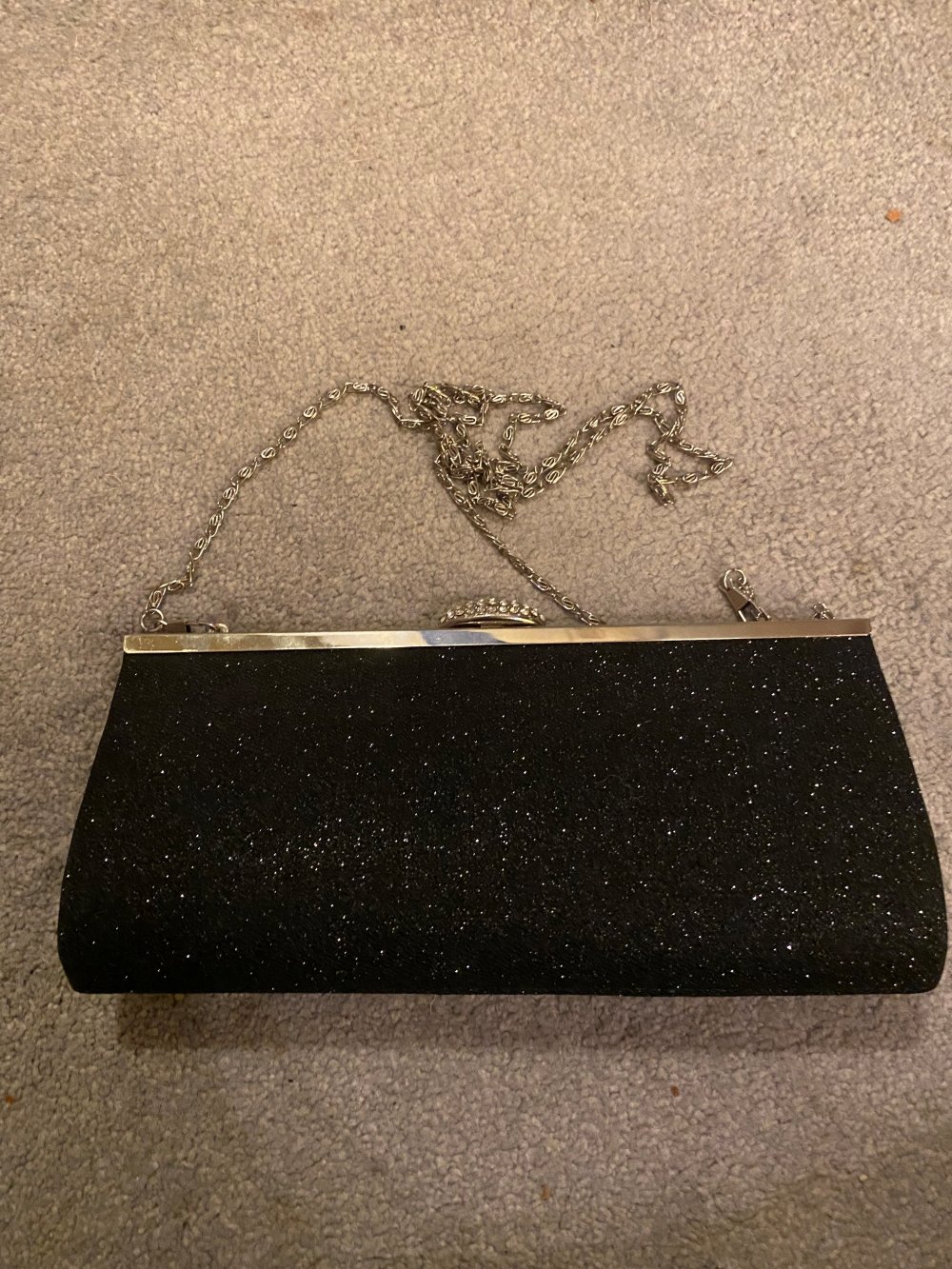 Clutch/Umhängetasche silber/schwarz, Kristallsteinchen, kleine Perlen, Blumenmuster – unbenutzt