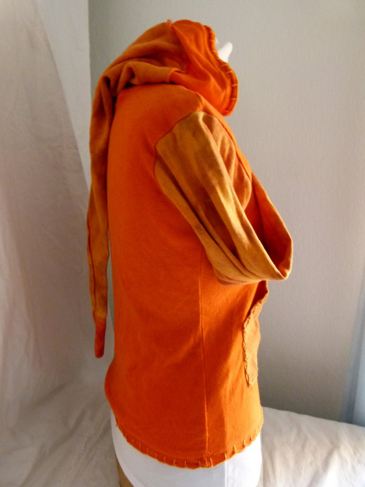 Goa Jacke Sweatjacke mit Zipfelkapuze & Trompetenärmeln, orange, Hippie Festival Batik Tye Dye Psy Elfen Fairy Sommer Sonne Nepal