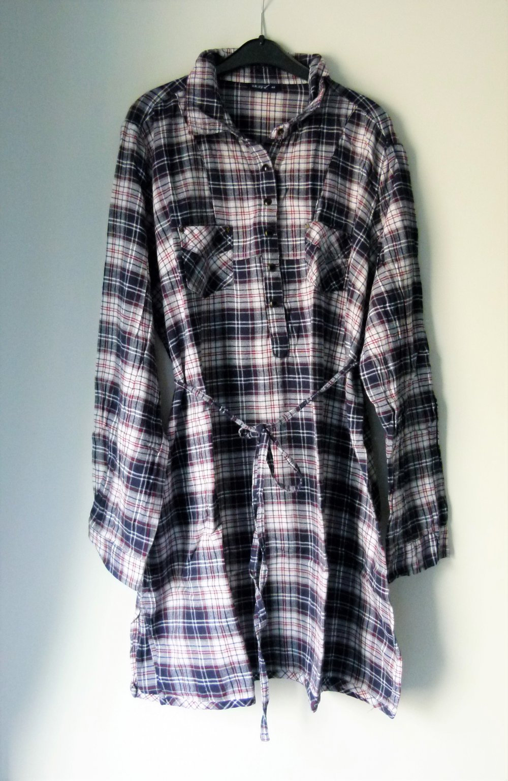 Hemden Kleid Boyfriend Stil, dunkelblau dunkelrot weiß kariert, Casual Boho Lagenlook Mori Festival Bequem Homewear Oversize