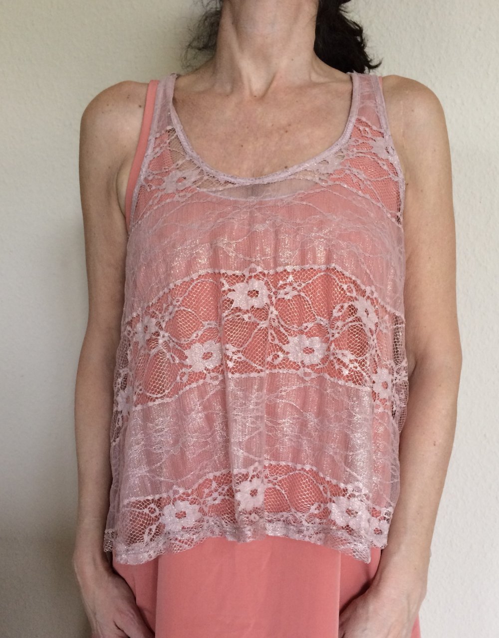 Transparente Crystal K Tunika Spitzen Tank Top Gr. S/M Apricot Glitzernd aus USA