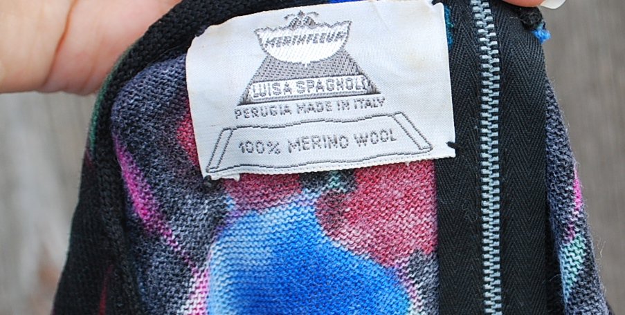 schwarzes True Vintagekleid mit Blumenmuster aus Wolle, Luisa Spagnoli, ca. Größe 36-38, Wollkleid