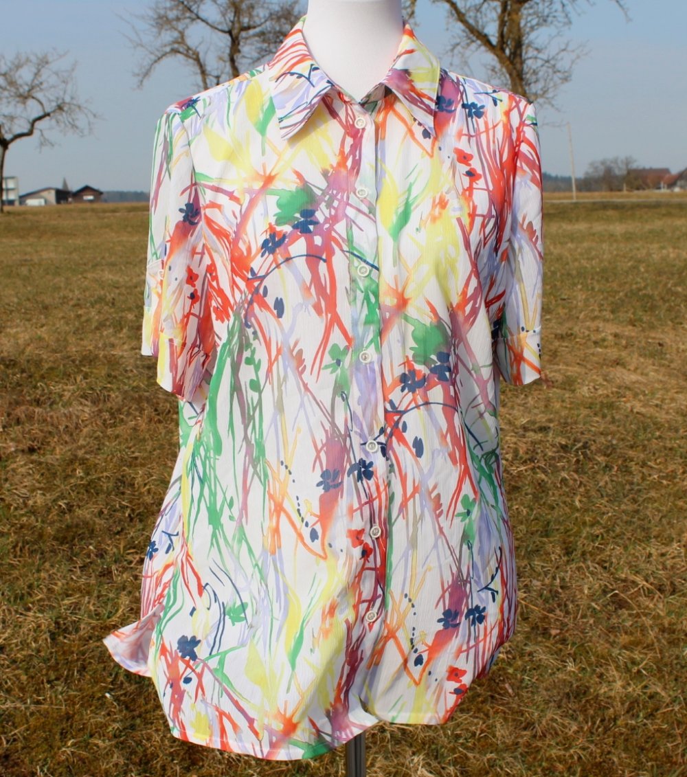 weiße True Vintage Bluse mit buntem Streifenmuster, ca. Größe 42-44, Sommerbluse