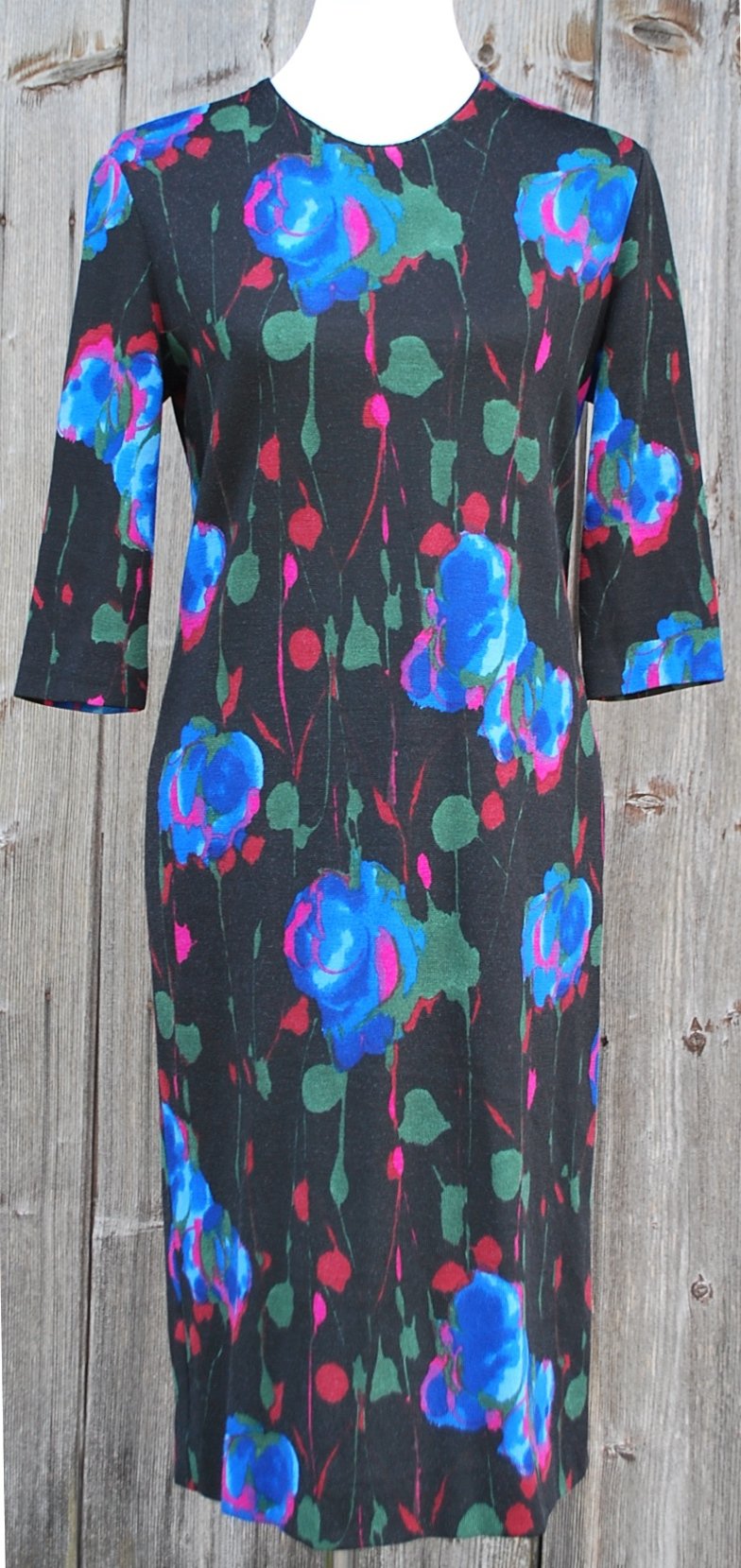 schwarzes True Vintagekleid mit Blumenmuster aus Wolle, Luisa Spagnoli, ca. Größe 36-38, Wollkleid