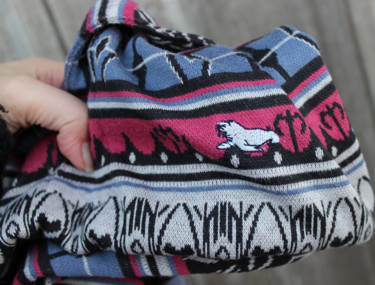 creme schwarz blau rötliches Vintage Poloshirt, T-Shirt, Walrus, ca. Größe 42-44