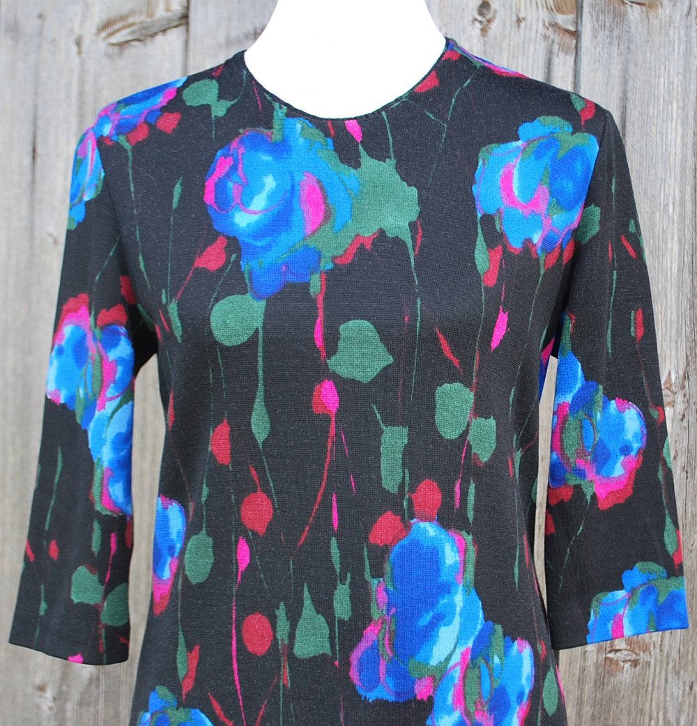 schwarzes True Vintagekleid mit Blumenmuster aus Wolle, Luisa Spagnoli, ca. Größe 36-38, Wollkleid