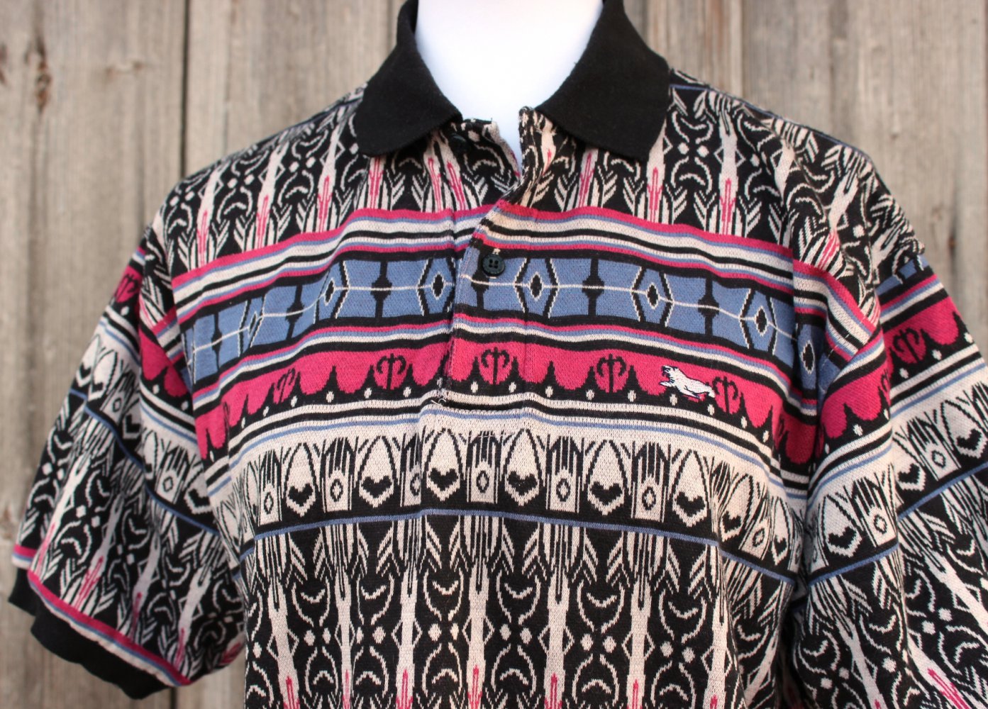 creme schwarz blau rötliches Vintage Poloshirt, T-Shirt, Walrus, ca. Größe 42-44
